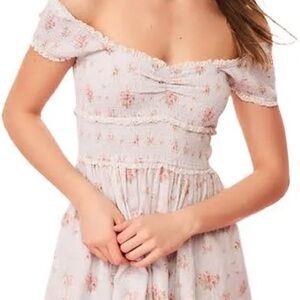 LoveShackFancy Pink Floral Off-Shoulder Mini Dress